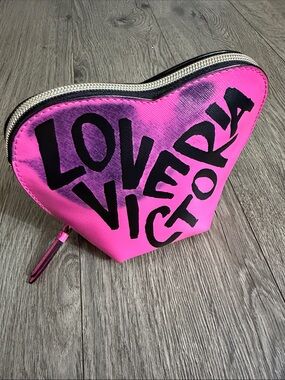 Victoria's Secret Hot Pink Heart Cosmetic Pouch with Black Graphic NEW